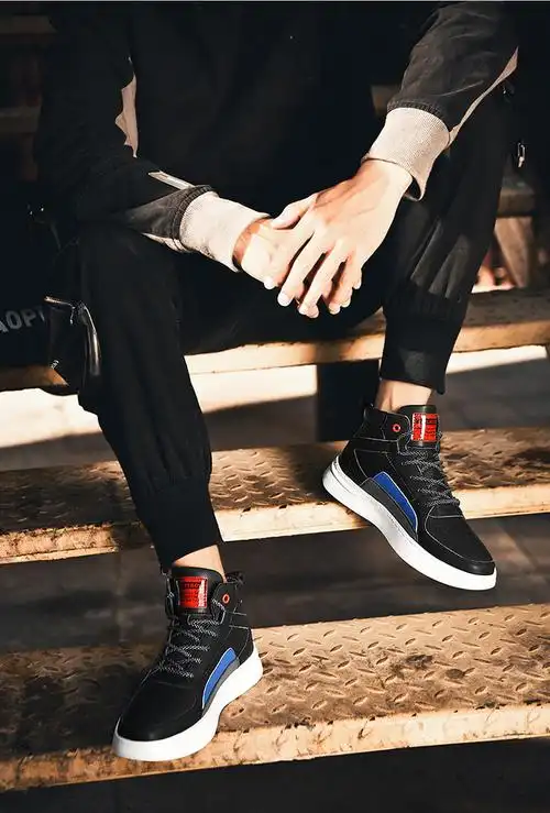 花花公子高帮鞋冬季男鞋新款青少年休闲运动鞋韩版潮休闲鞋子男 黑色