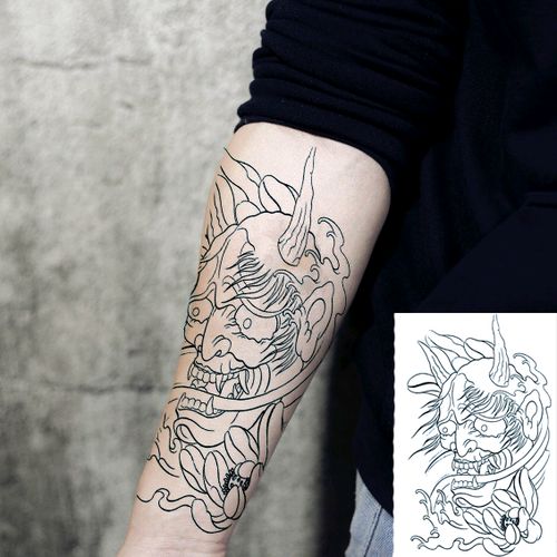 线条般若纹身贴防水持久男女班诺图腾手臂黑白复古仿真纹身贴纸