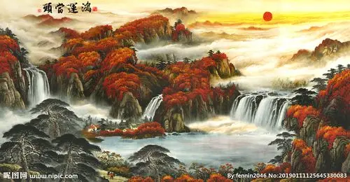 大气山水旭日东升聚宝盆画图片