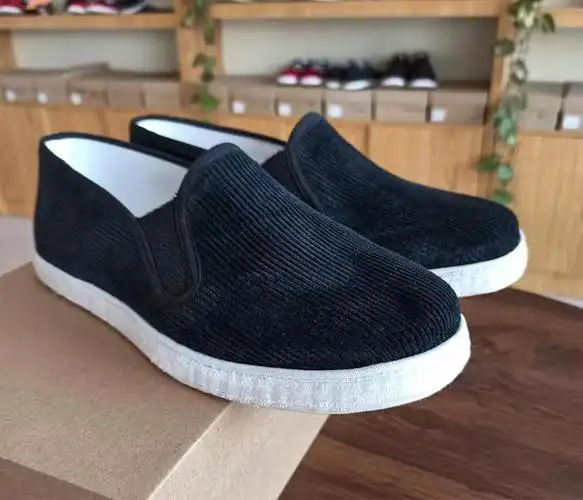 千层底布鞋男纯手工纳底传统白底毛边圆头透气黑色条绒陕西布鞋 黑色