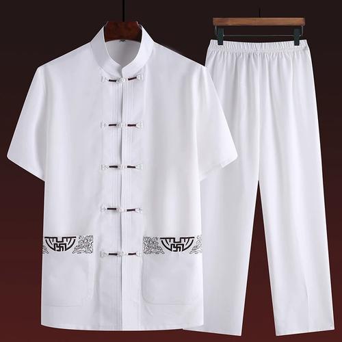 练功太极服男棉麻短袖中国风唐装汉服爸爸装夏季新款中式口袋薄款