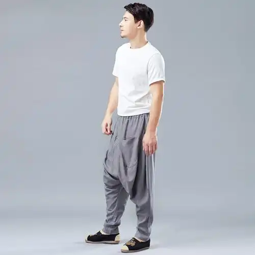 男休闲裤_春季新款双包吊裆裤中国风复古男休闲裤纯色宽松长裤 - 阿里