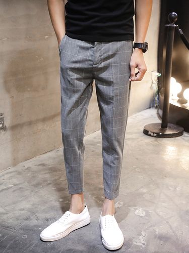 秋季格子裤韩版潮流修身九分裤男士帅气休闲西裤青年免烫小脚裤子