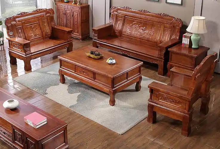 红星美凯龙简木家具实木香樟木沙发组合木质农村中式客厅木头雕花