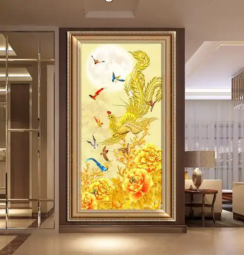 百鸟朝凤挂画玄关装饰挂画现代入户风水竖版免打孔简约中欧式凤凰壁画