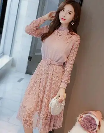 蕾丝连衣裙女2018春季新款韩版修身小香风内搭镂空a字打底裙秋冬 粉色