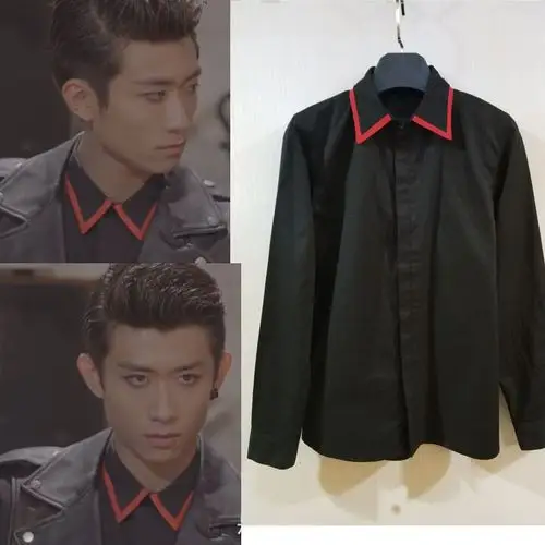 柒个我张一山同款黑色衬衫红边领子拼接拼色宽松休闲男士小衫