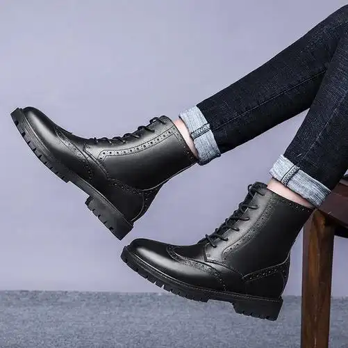 工厂直供秋冬长靴男中筒靴头层牛皮靴加绒保暖系带皮靴潮男马丁靴