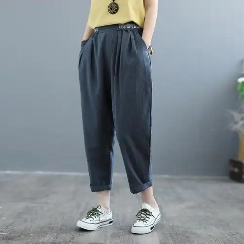 松紧腰拼色棉麻七分裤女宽松显瘦阔腿裤夏季百搭薄款八分裤休闲裤