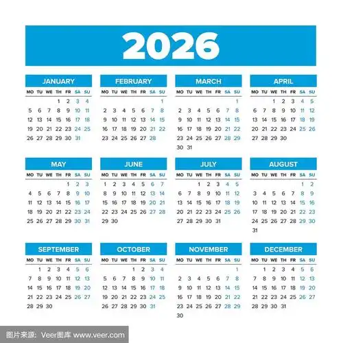 2026有周的日历从星期一开始