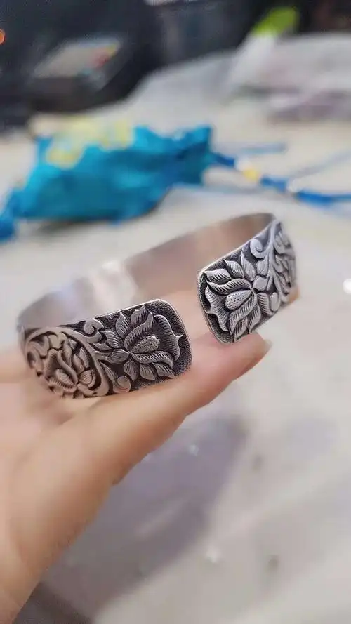 足银999雪花银手镯～高端手工系列,古法复古工艺!