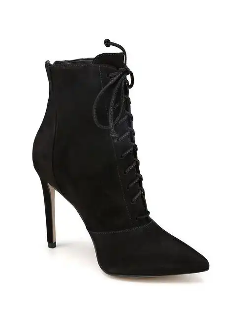 2015年新款 进口黑色简约尖头系带高跟短靴