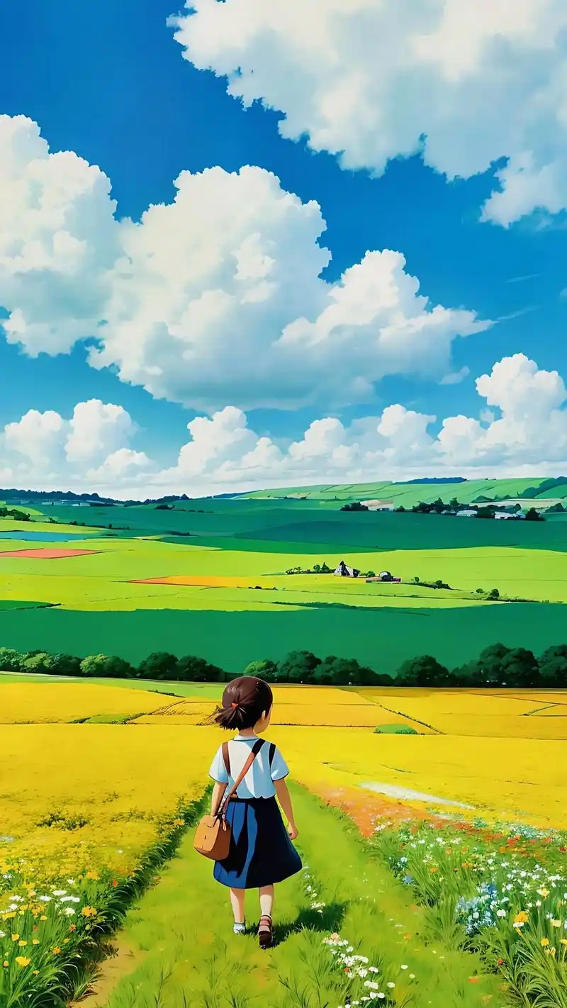 治愈系漫画,田野里的花田,可爱的小女孩穿裙子,背影,带着一只 - 抖音