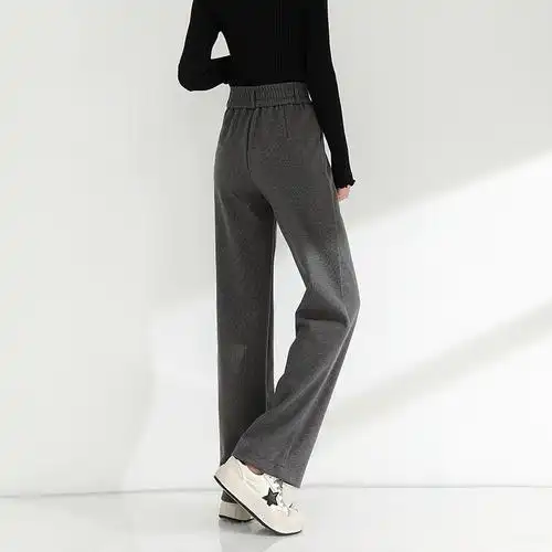 灰色裤子子女高腰宽松阔腿毛呢长裤秋冬季2021休闲裤