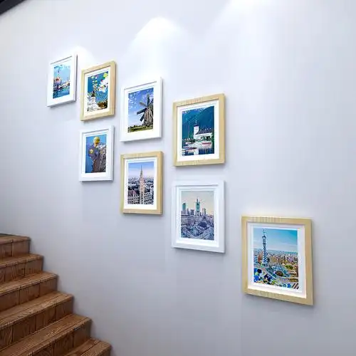 楼梯实木照片装饰画简约现代相片公寓背景墙创意照片墙