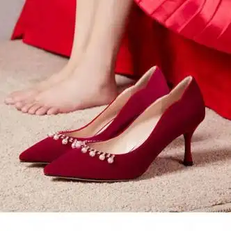 至灵zhiling中式红色秀禾鞋婚鞋女酒红色高跟鞋珍珠新娘鞋敬酒礼服鞋