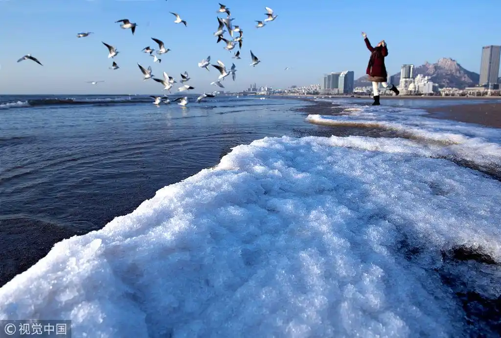 山东青岛遇连续降温天气  海面出现结冰现象