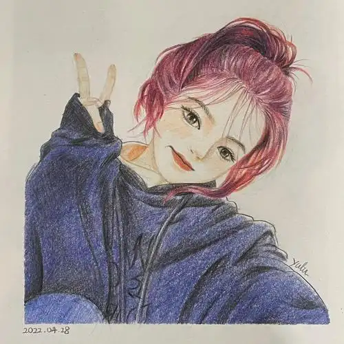 人物彩铅手绘原创红发少女