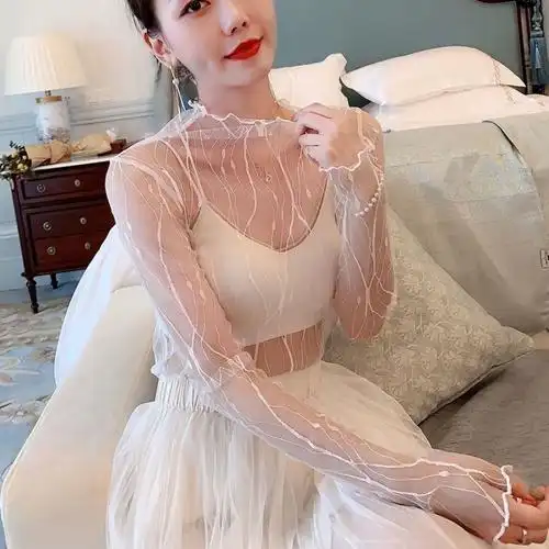 立领蕾丝打底衫女长袖薄款纱衣宽松毛衣内搭薄纱透视透明网纱上衣