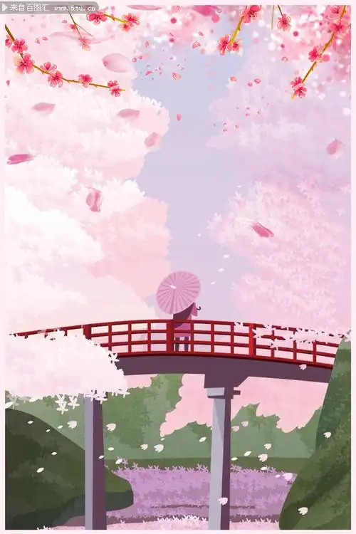 日本樱花插画设计素材,主题为日本樱花,可用作插画,卡通风景,卡通图片