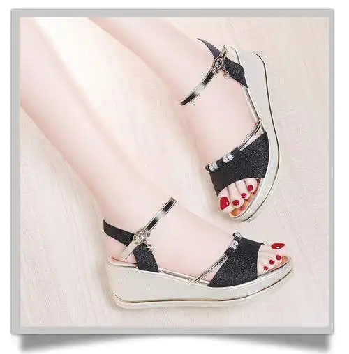 60坡跟凉鞋女夏季新款女鞋子鱼嘴高跟鞋一字扣带时装中跟女式凉皮鞋