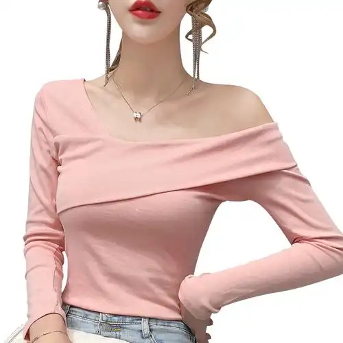 一字领复古长袖t恤时尚百搭斜肩漏锁骨性感打底韩版修身短款上衣