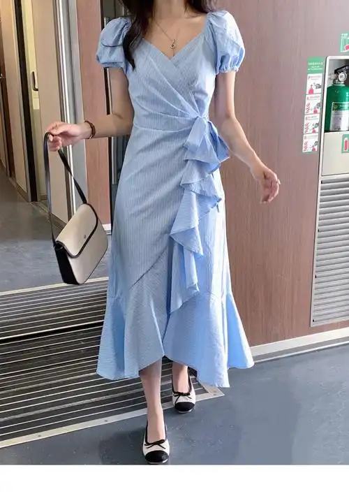 pinkmoon/海岸繁花 淡蓝色显白短袖连衣裙 俏皮甜美长款裙 - 17网