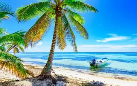 阳光 热带 夏天 大海 沙滩 棕榈树 岛屿 船 海边风景4k壁纸3840x2160