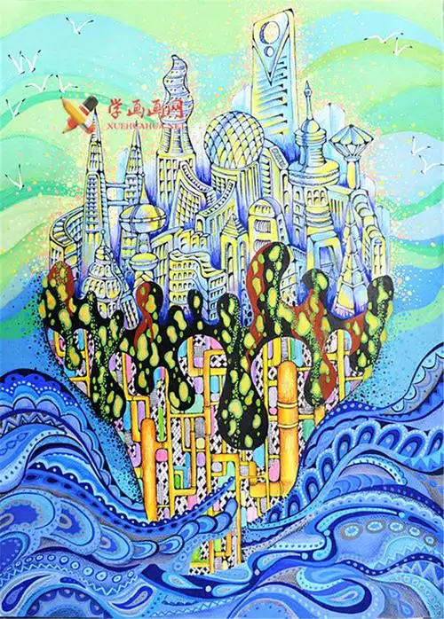 小学生六年级优秀科幻画《海能城》