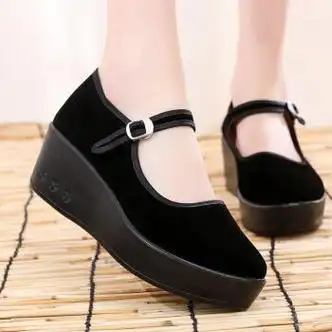 贤语6厘米松糕厚底工作鞋平底坡跟低帮浅口妈妈单鞋高跟老北京布鞋女