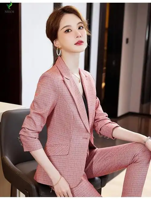 nrkm品牌轻奢小西装女秋冬季粉色格子小西装外套女秋冬款小个子面试