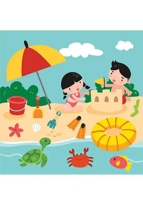 卡通沙滩上玩耍的2个儿童矢量图