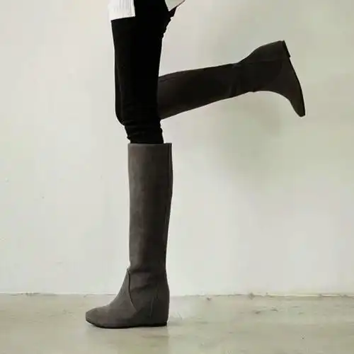 磨砂真皮长靴女秋冬新款内增高中筒靴平底圆头高筒靴小个子长筒靴