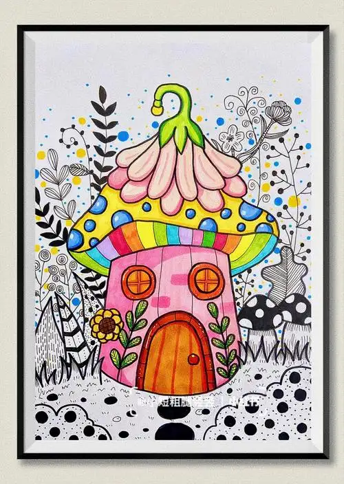 马克笔儿童创意画森林里的蘑菇房