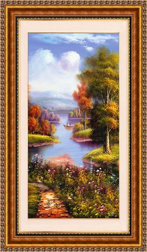 756海报印制展板写真喷绘712油画蓝天白云树森林小溪竖版装饰画