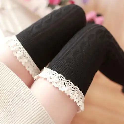 过膝袜 日系 秋冬_日系秋冬少女花边竖条过膝袜全棉条纹显瘦塑形高筒