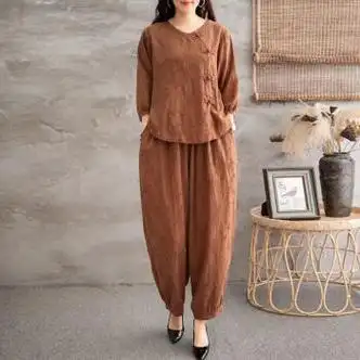 gogdronc棉麻套装女高端春秋中国风年轻漂亮民族风上衣小衫哈伦裤时尚