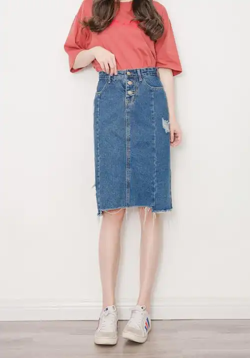 韩版学生中长款bf不规则破洞chic牛仔裙女复古毛边a字半身裙高腰