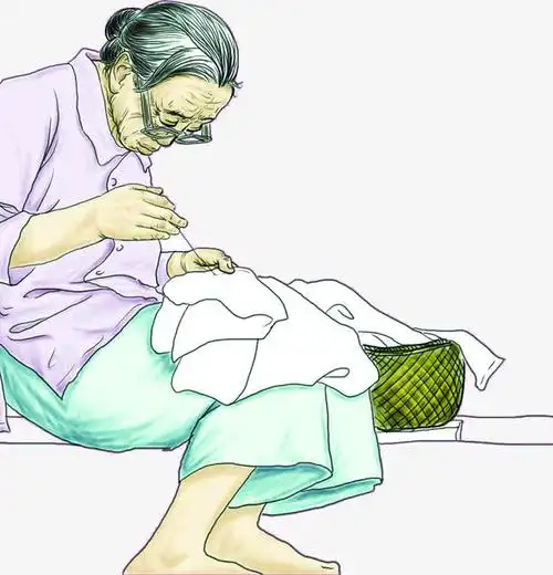 手绘年迈母亲人物缝补衣服