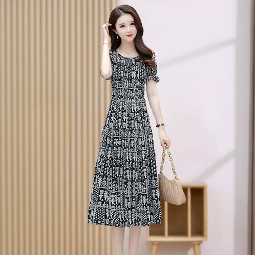 宽松显瘦印花连衣裙女2024夏季新款品牌高端洋气中年妈妈遮肚裙子