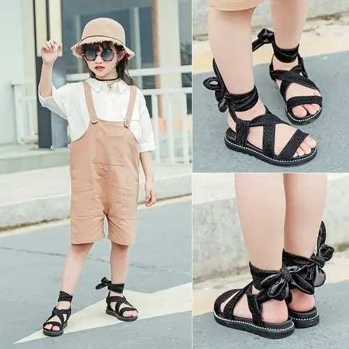 小女孩时尚罗马凉鞋2018夏季新款女童平底鞋绑带小公主露趾鞋潮款