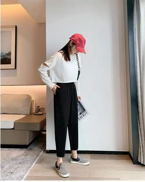 哈伦裤女春夏大码女裤胖mm松紧腰显瘦黑色萝卜裤女九分西装休闲裤