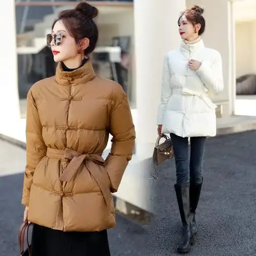 现货新中式系带羽绒服2022年冬装新款白鸭绒,羽绒服,红龙果