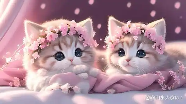 在这个童话般的世界中,两只可爱的小猫紧紧依偎在一起,它们的头上戴着