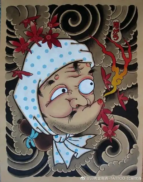 与火男相对的女性面具称为阿龟(おかめ)或阿多福(お多福).#纹