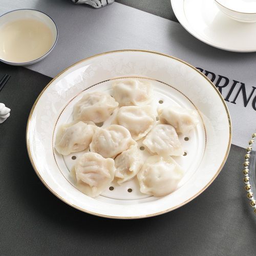 瑞玖 创意金边白浮雕10英寸骨瓷饺子盘洗菜控水盘沥水沥油陶瓷大盘子