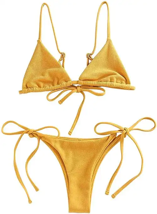 yodnbuk 女式罗纹系带侧比基尼套装丁字裤底两件套泳衣