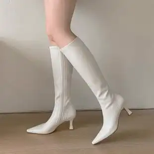 欧洲站2021白色高筒靴子尖头细跟长靴女真皮高跟弹力瘦瘦靴单靴夏