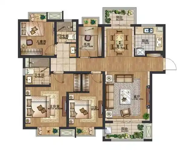 这个四室户型展现了一种理想的生活方式,建筑面积140平米,性价比相当