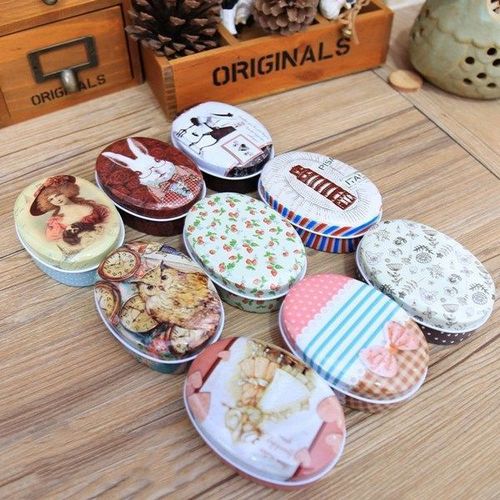 zakka复古椭圆小物品茶叶收纳盒便携 礼物盒包装铁盒 满月糖果盒